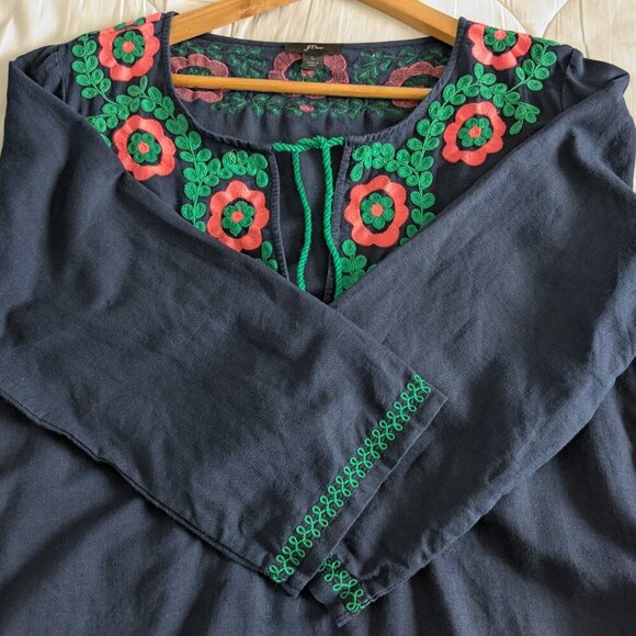 J. Crew Dress Large Blue Embroidered Beach Tunic Cover-up Tassels Linen-Blend - Picture 14 of 16